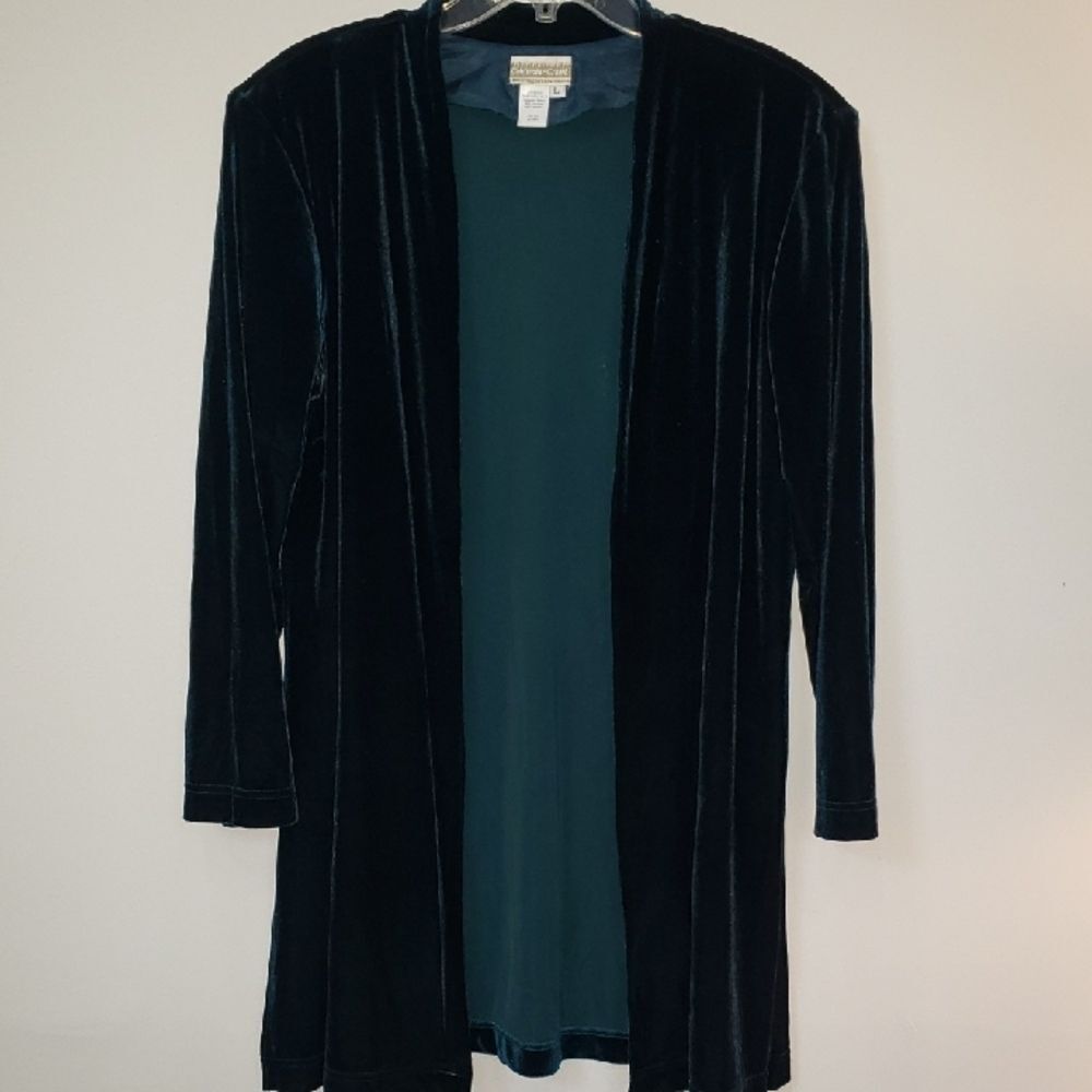 Coldwater Creek Jacket Womens L Deep Green Velvet Long Open Cardigan Holiday